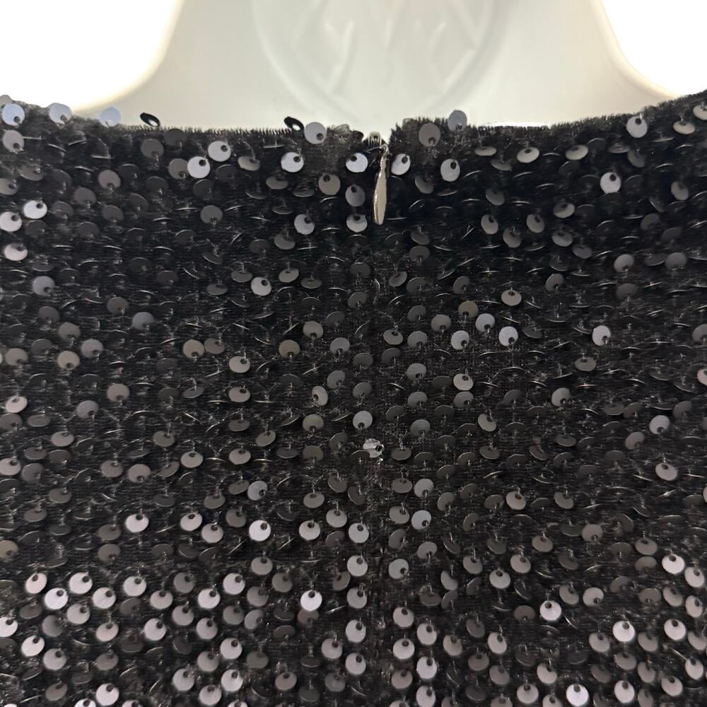 Ann Taylor Black Sequin Short Sleeve Feather Trim Round Neck Shirt Top Size XS - Picture 7 of 11